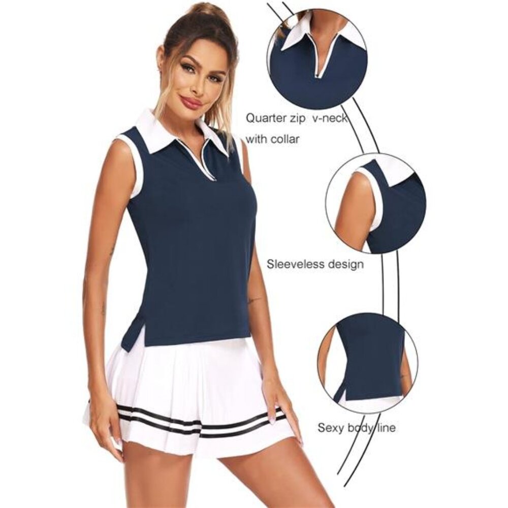 Women Sleeveless Golf Polo Shirts Zipper V Neck Tennis Tank Top S-XXL - Picture 2 of 7